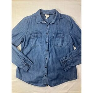 St Johns Bay Womens Petite Large Blue Denim Button Front Long Sleeve Shirt PL
